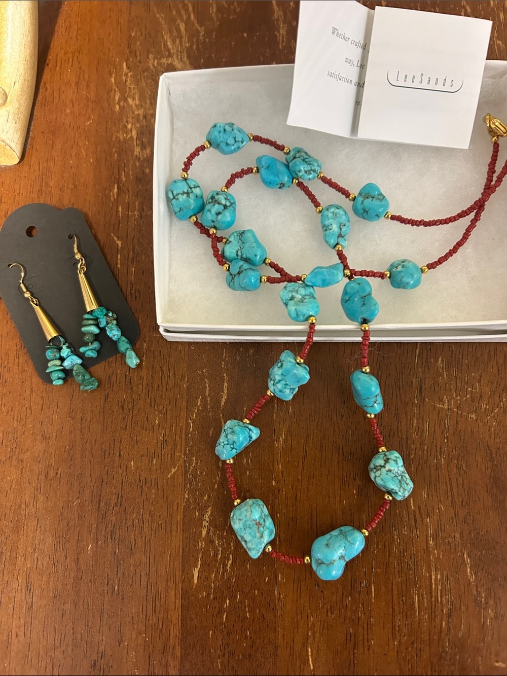 Lee Sands Turquoise Bead Necklace.Turquoise & Red! Nugget turquoise earrings.